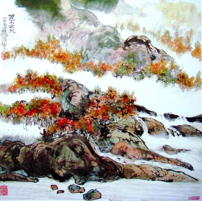 程十发为香港集古斋作《万木霜天》，右下角保留温州皮纸印章