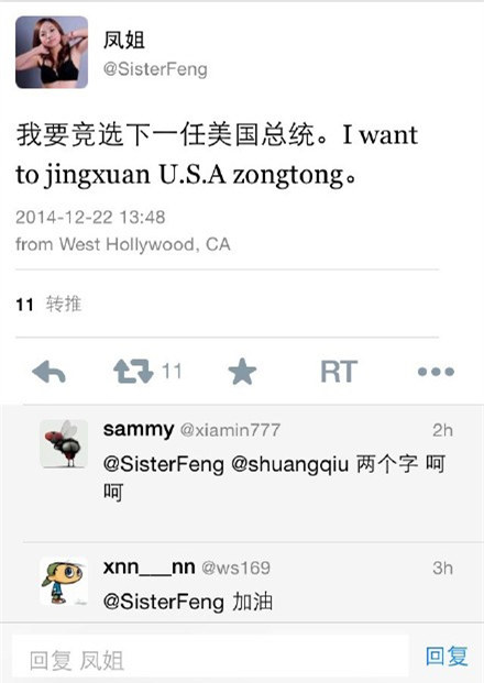 网曝<em>凤姐</em>曾要<em>参选美国总统</em> 网友﹕你能完胜 