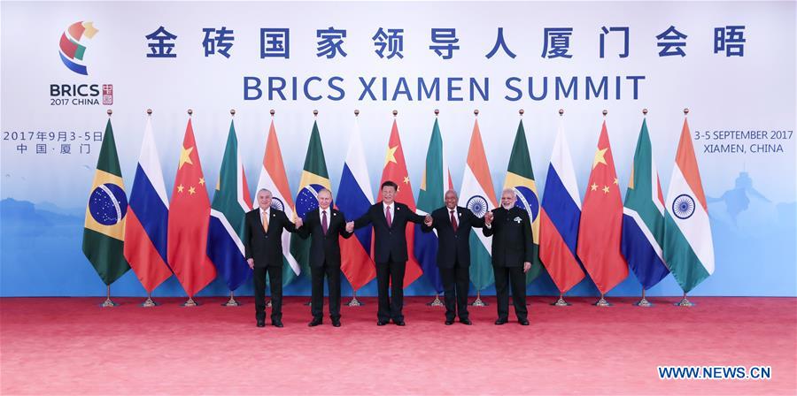 Leaders of BRICS countries pose for group photo before summit