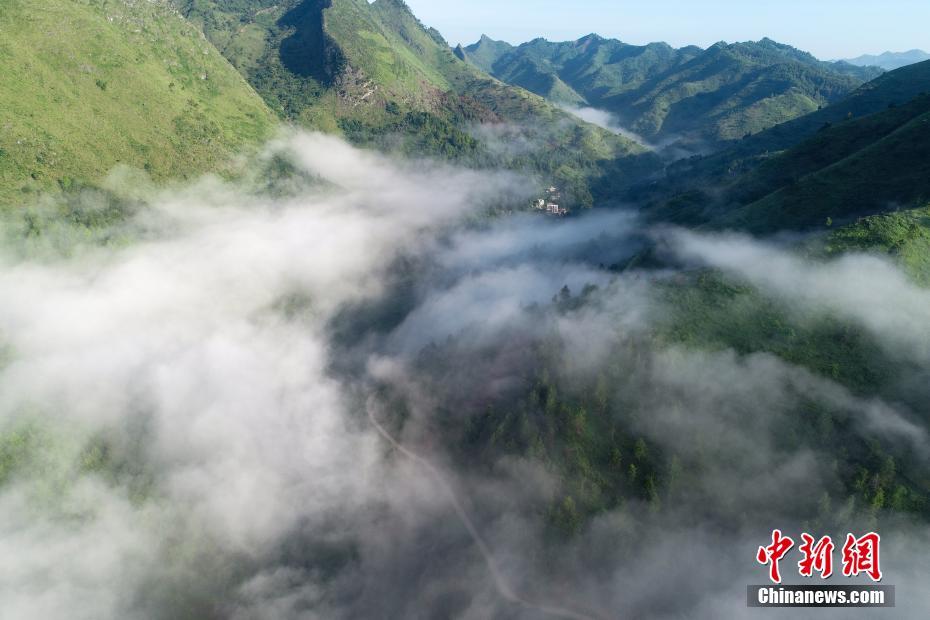 Aerial view of fairyland-like village of ethnic group in SW China’s Guizhou