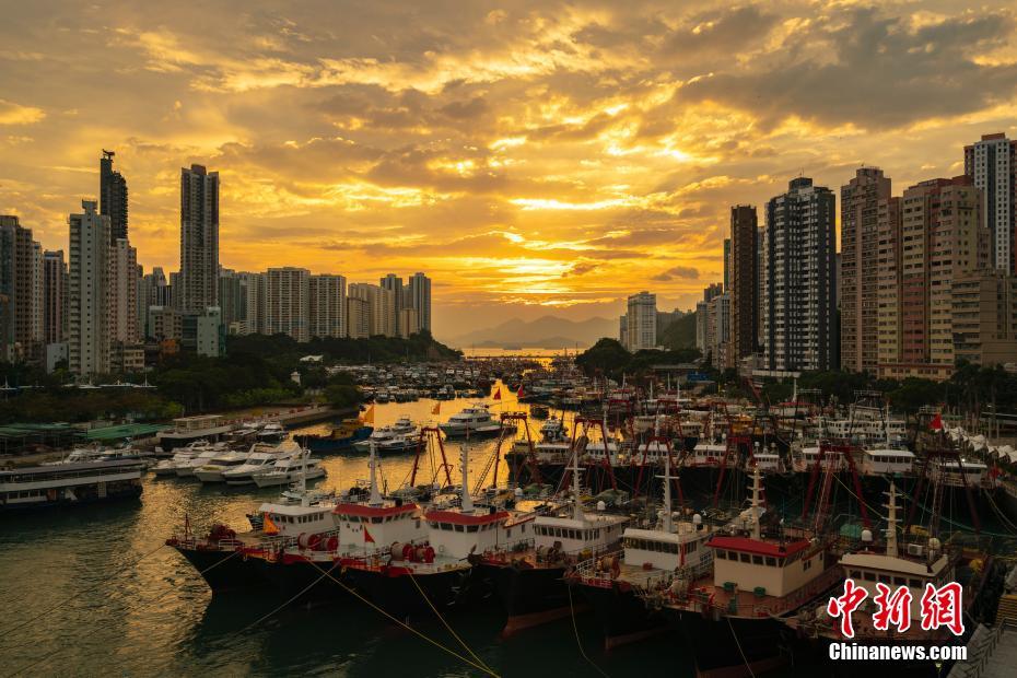Scenery of sunset at typhoon shelter in China’s Hong Kong