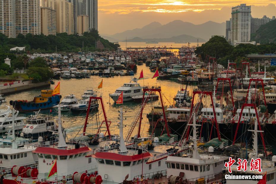 Scenery of sunset at typhoon shelter in China’s Hong Kong