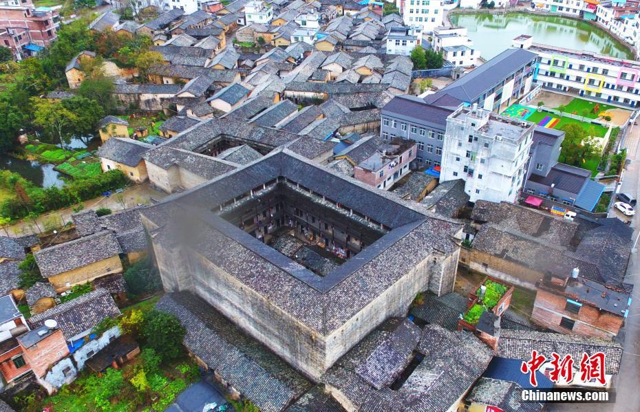 Aerial view of ancient four-storey building in E China’s Jiangxi