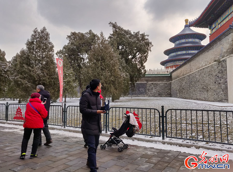 Scenery of Temple of Heaven Park after snowfall in Beijing