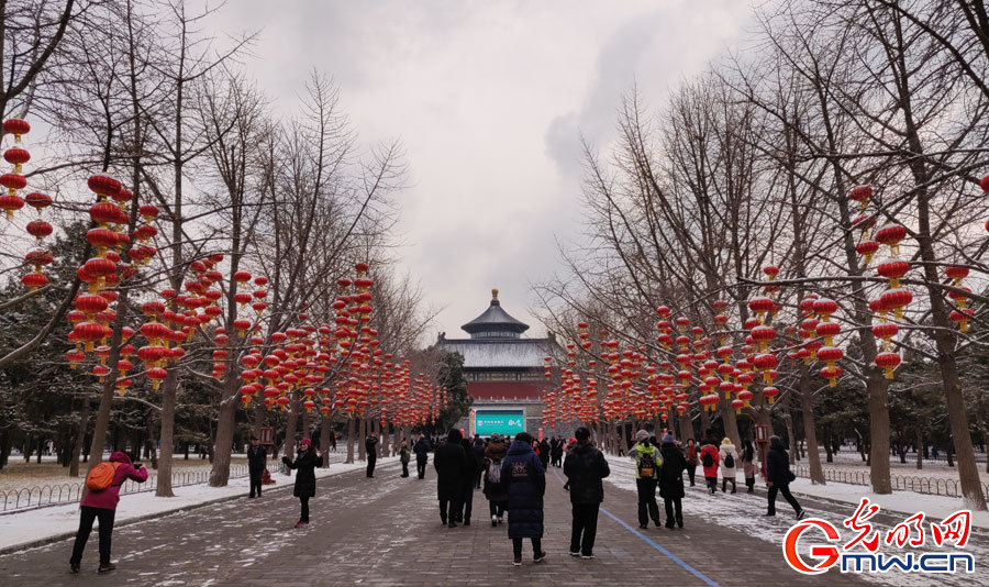 Scenery of Temple of Heaven Park after snowfall in Beijing