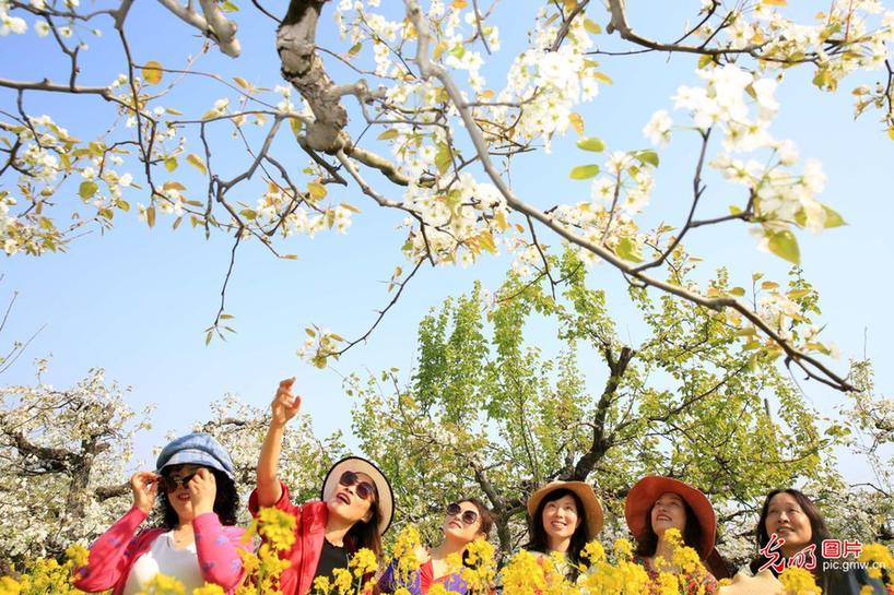 Tourists view blooming flowers in E China’s Anhui