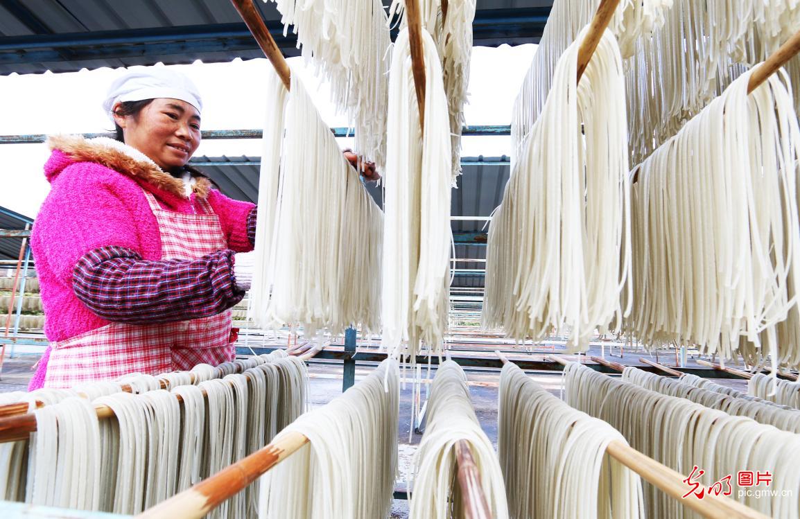 Locals make rice noodle for upcoming Spring Festival in Guizhou