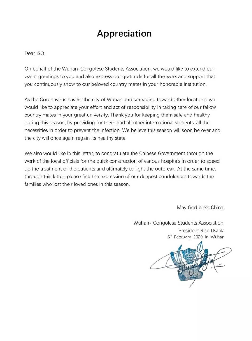 Stand with China: Congolese int'l student wrote letter of appreciation to universities in Wuhan