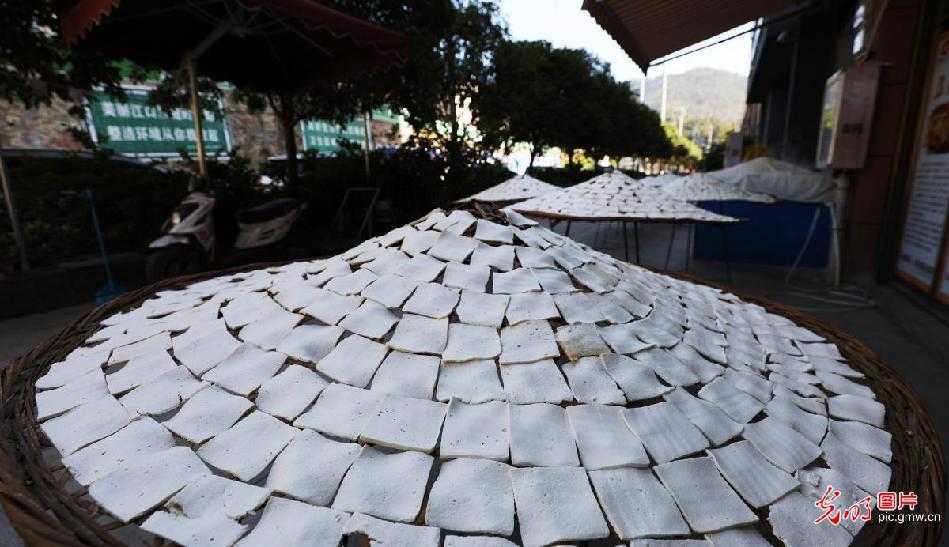 People busy making dried tofu in Guizhou,SW China