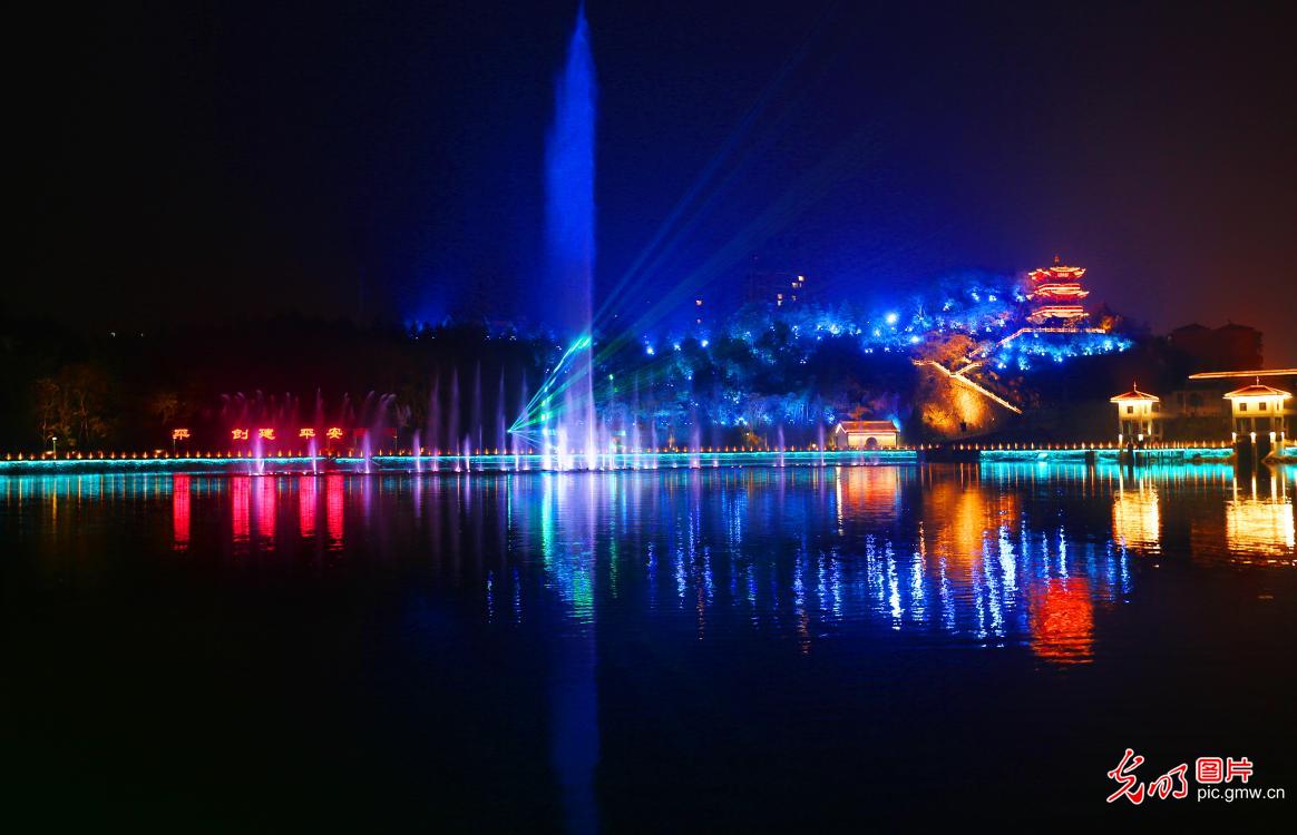 Night view of the Hubei Chibi Ancient City Wall in central China's Hubei Province