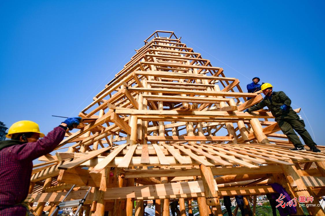 Drum Tower under construction in SW China's Guangxi