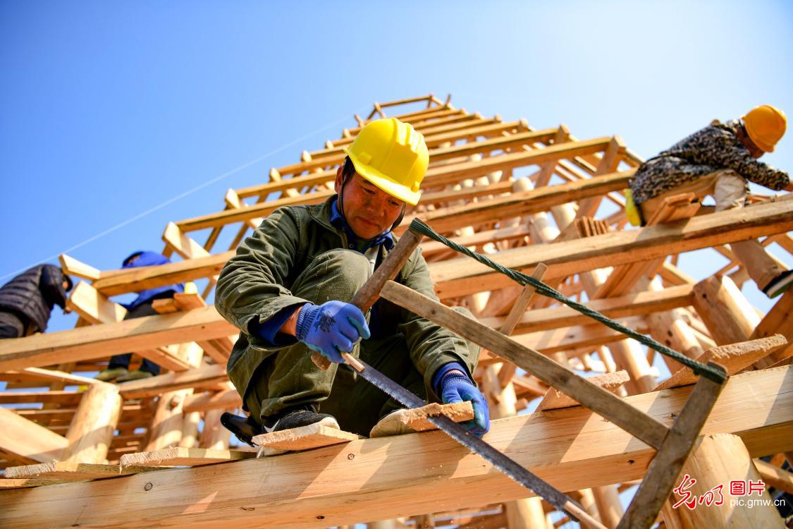 Drum Tower under construction in SW China's Guangxi