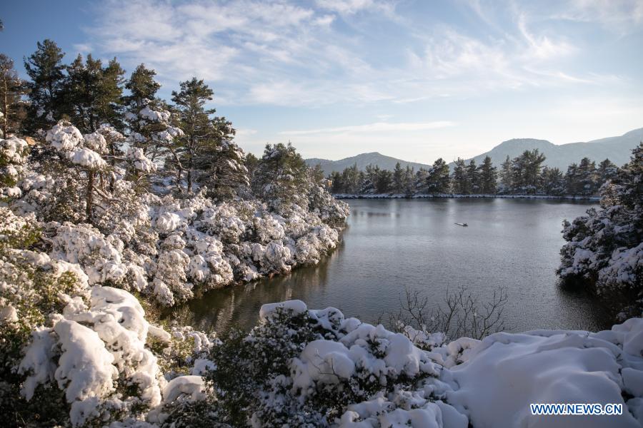 Snow scenery of Lake Beletst in Athens, Greece