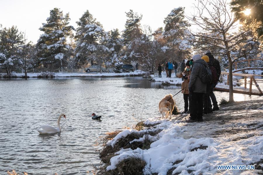 Snow scenery of Lake Beletst in Athens, Greece