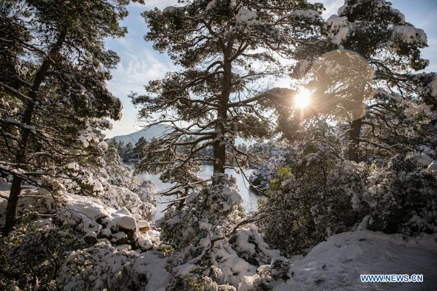 Snow scenery of Lake Beletst in Athens, Greece