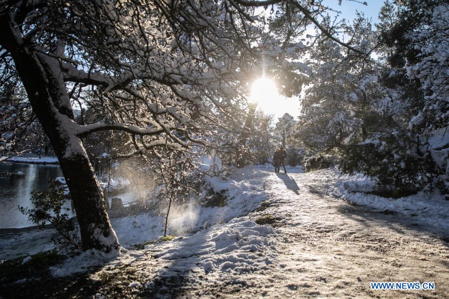 Snow scenery of Lake Beletst in Athens, Greece