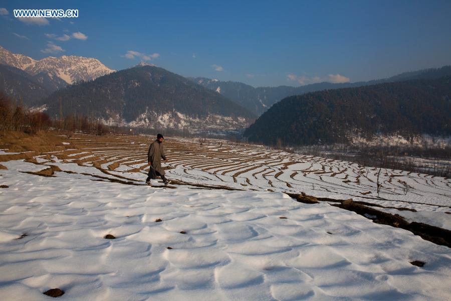 View of snow-covered fields at village in Anantnag