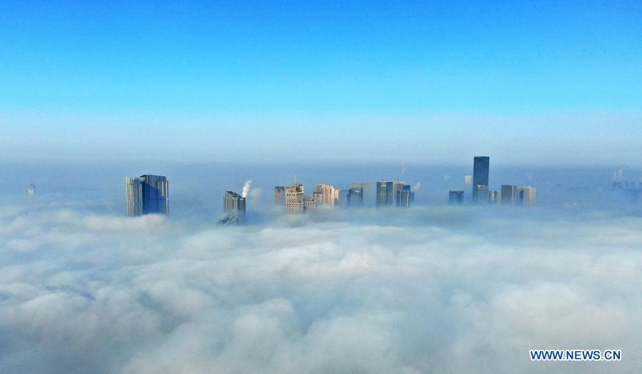 Skyscrapers shrouded in fog in China's Liaoning