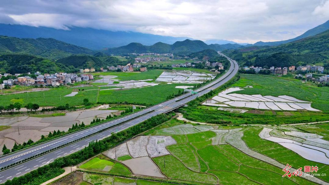 View of green fields at village in Hunan
