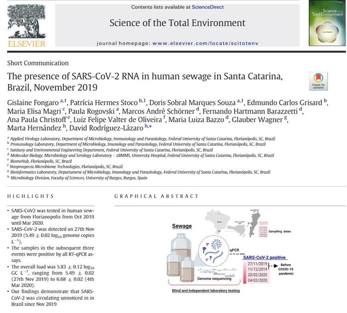 The presence of COVID-19 found in human sewage in Brazil in November 2019: Brazil researchers