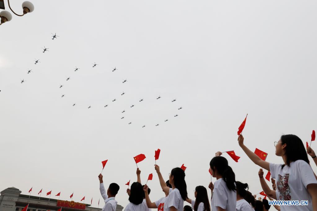 Military aircraft fly over Tian'anmen Square in echelons to mark CPC centenary