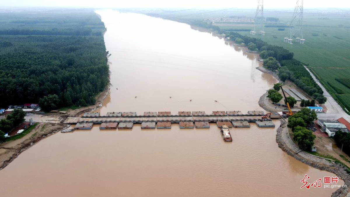Pontoon bridges rebuilt over the Yellow River in E China's Shandong after flood season