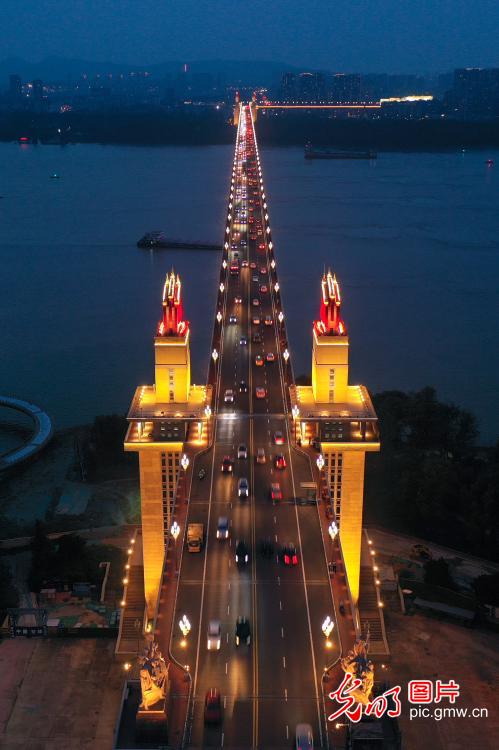 Nanjing Yangtze River Bridge illuminated at night