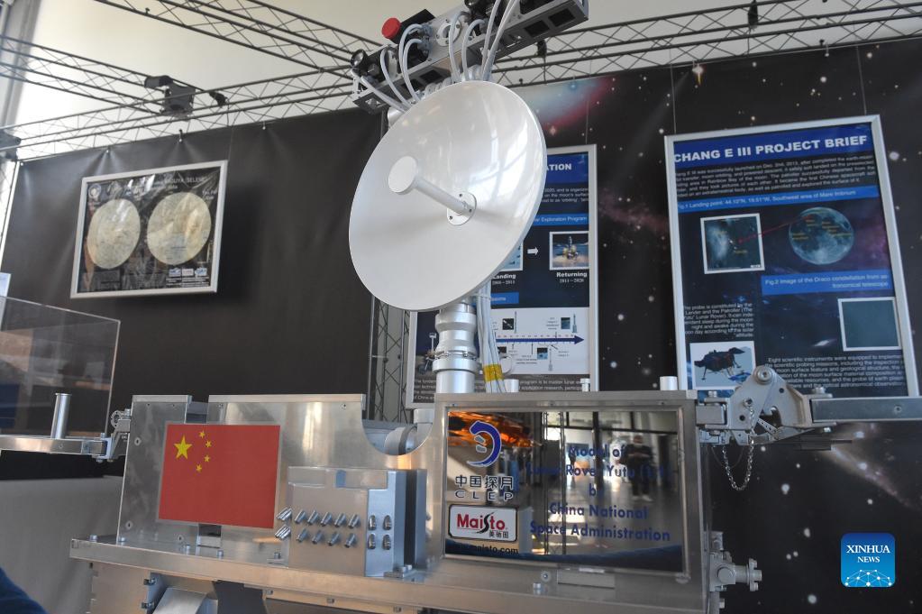 Models of China's space station and lunar rover Yutu displayed in Vienna
