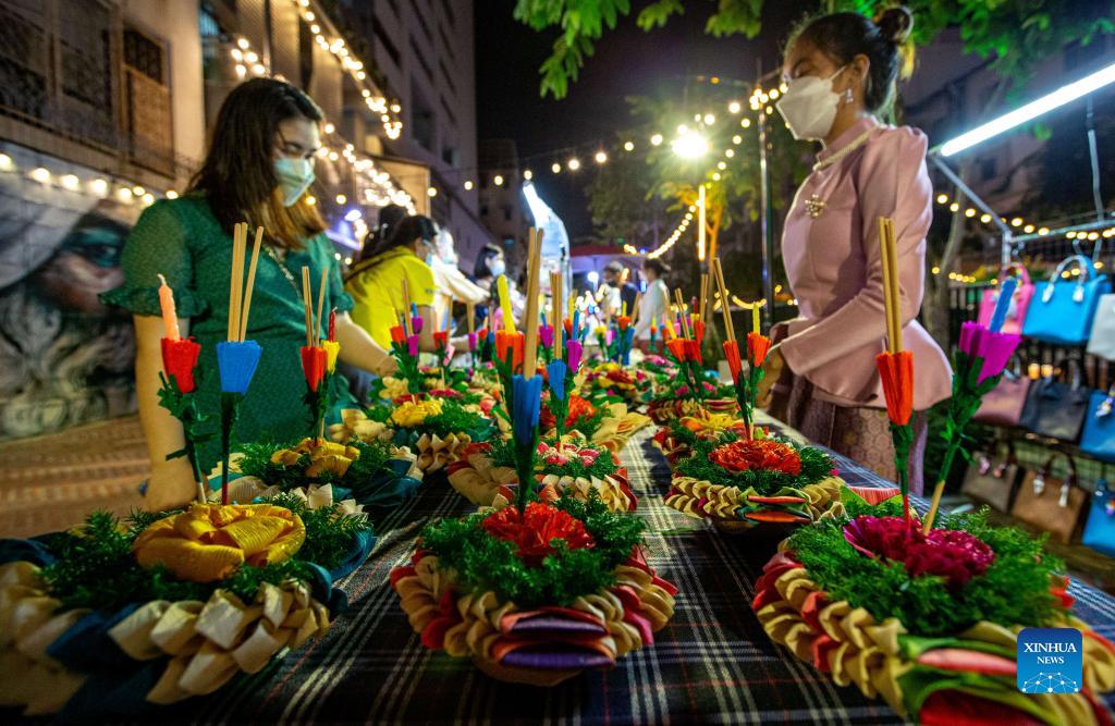 People celebrate Loy Krathong Festival in Bangkok, Thailand