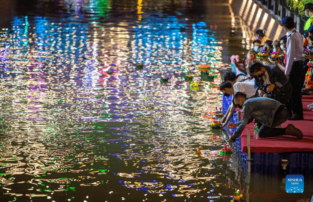 People celebrate Loy Krathong Festival in Bangkok, Thailand