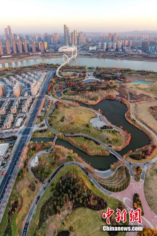 Aerial shot of winter scenery of Nanjing Jiangxinzhou, an island in the Yangtze River