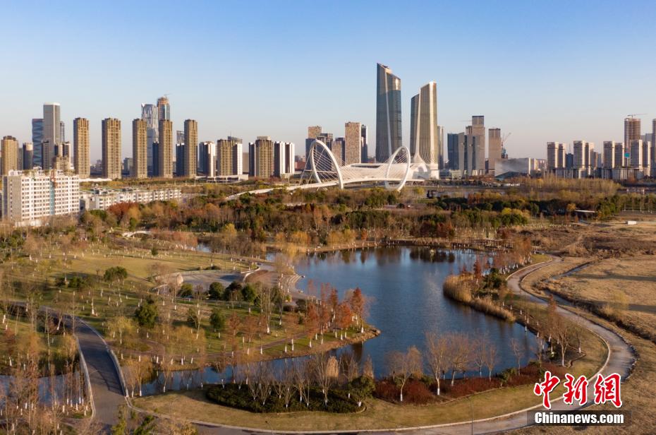 Aerial shot of winter scenery of Nanjing Jiangxinzhou, an island in the Yangtze River