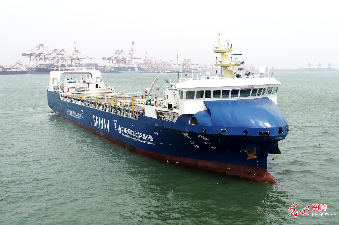 China's first autonomous navigation vessel makes maiden voyage in Qingdao