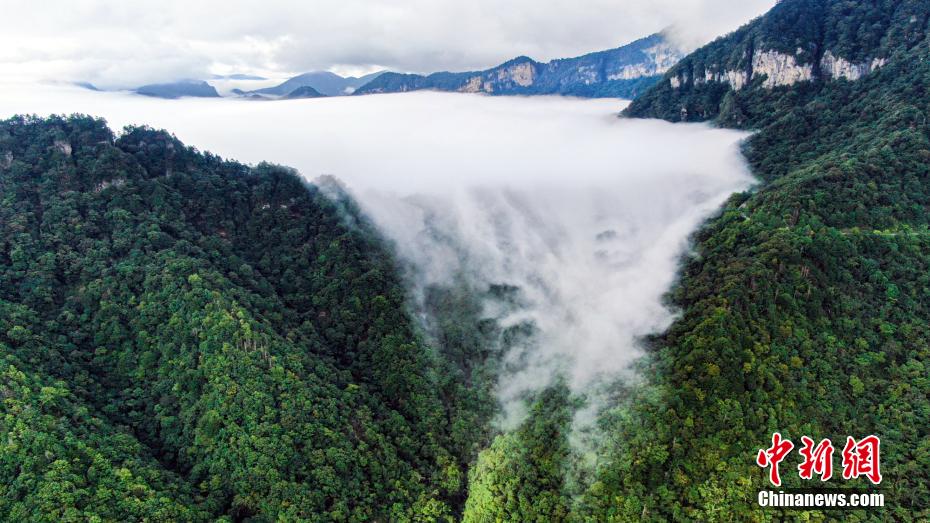 Stunning scenery of cloud “waterfall” in C China’s Hubei Province