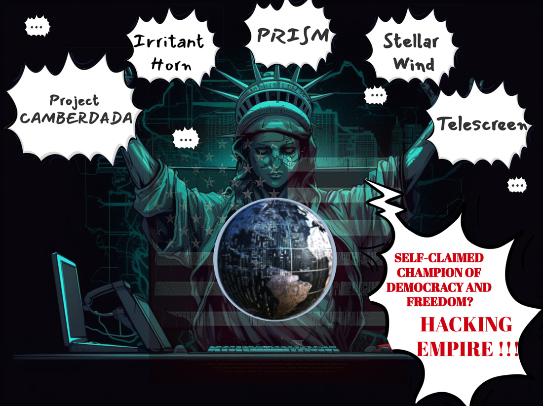 AI Satirical Cartoon丨Is US champion of democracy and freedom? No, hacking empire!