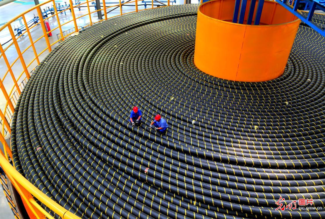 Workers inspecting submarine cable products in E China's Shandong