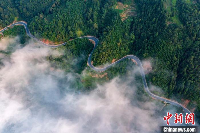 Aerial view of mountain road in SW China’s Guizhou Province