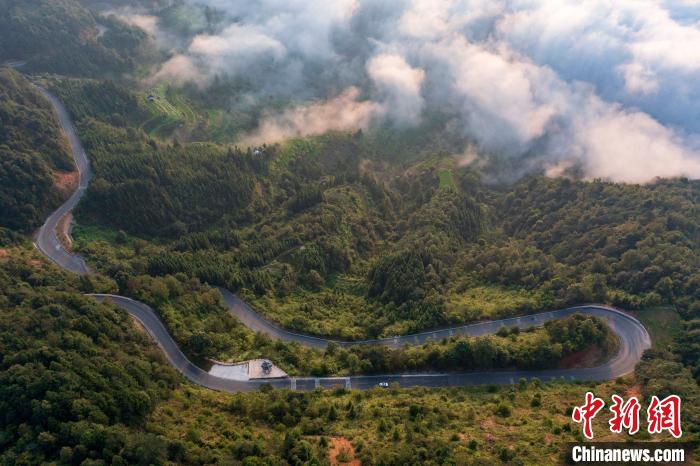 Aerial view of mountain road in SW China’s Guizhou Province