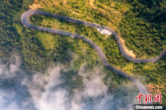 Aerial view of mountain road in SW China’s Guizhou Province