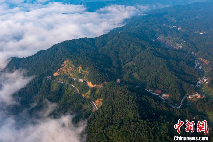 Aerial view of mountain road in SW China’s Guizhou Province