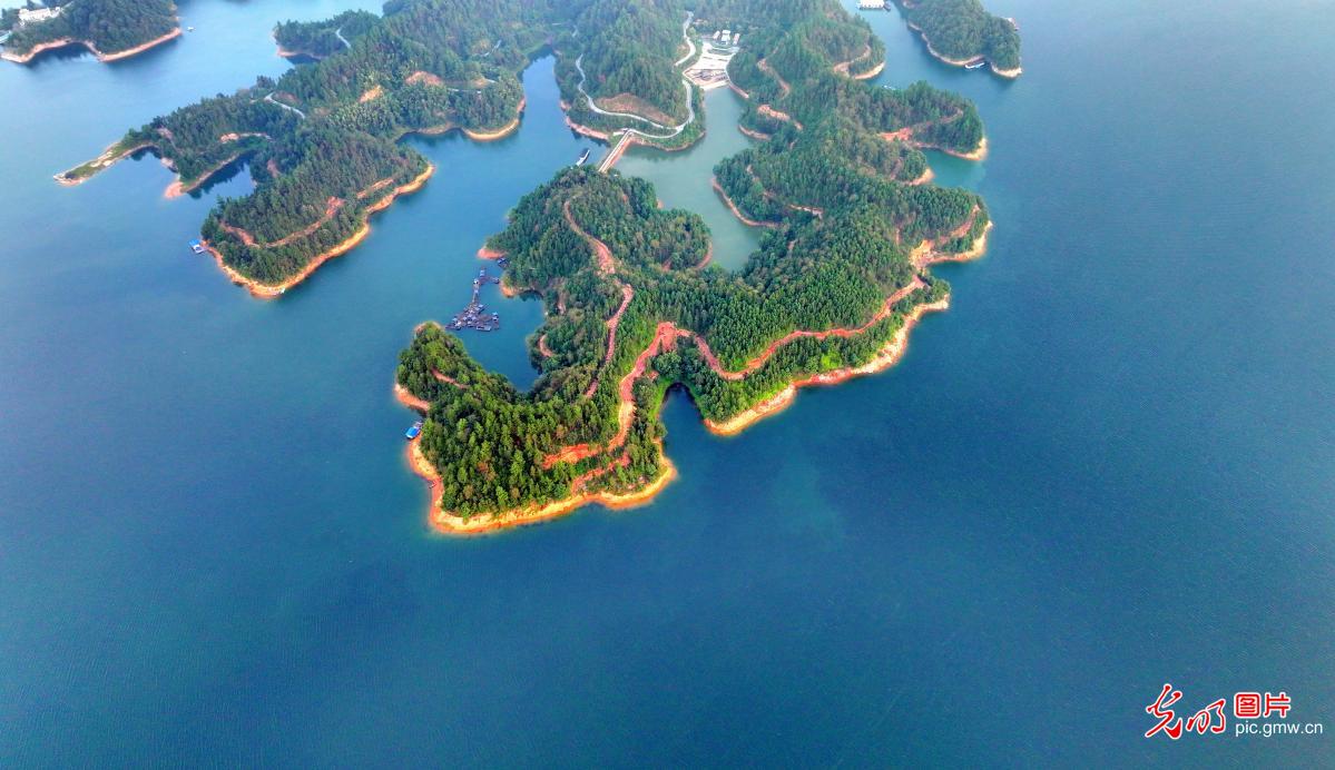 Picturesque morning scenery at reservoir in Hunan