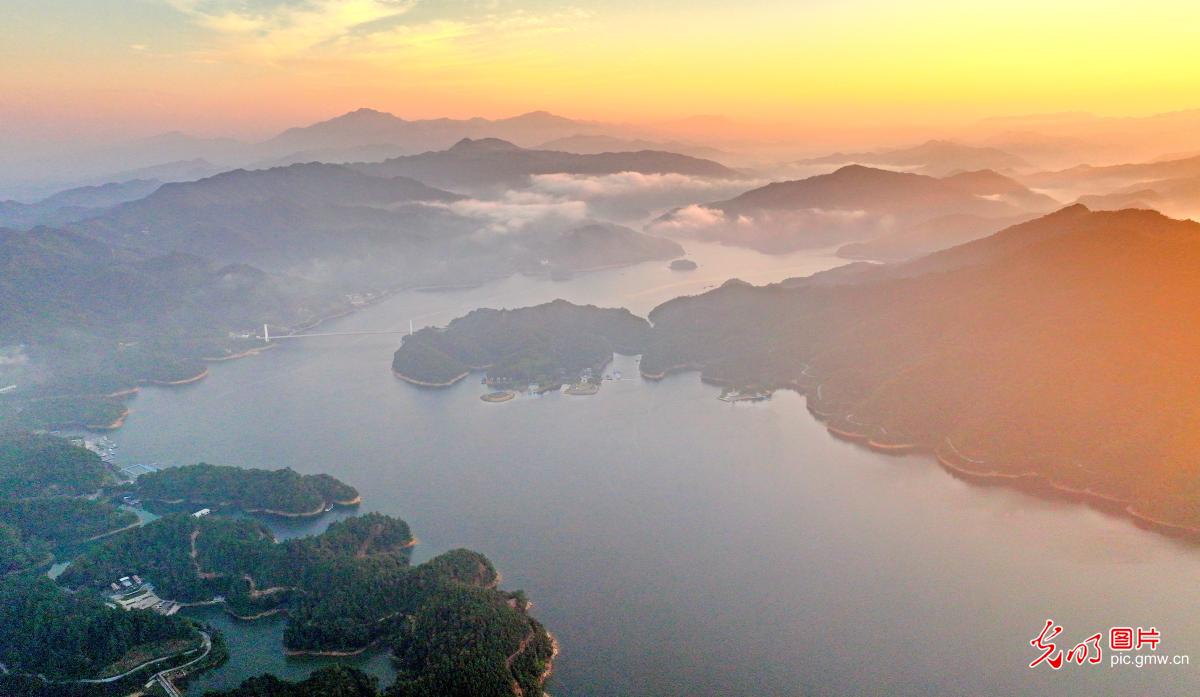 Picturesque morning scenery at reservoir in Hunan