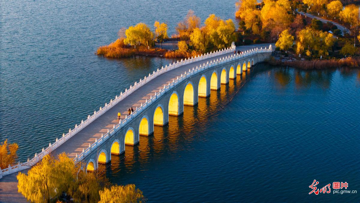 Ancient bridge bathed in golden light