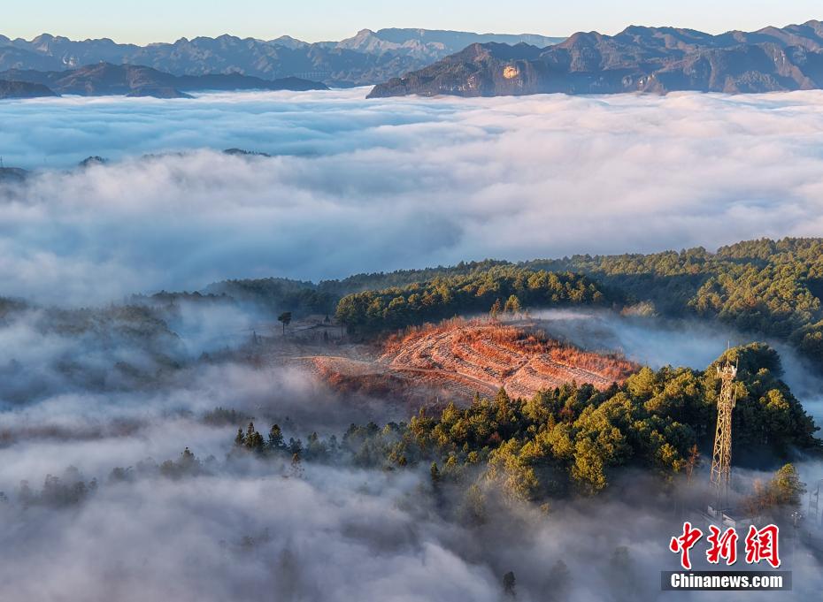 Aerial view of sea of clouds in SW China’s Guizhou Province