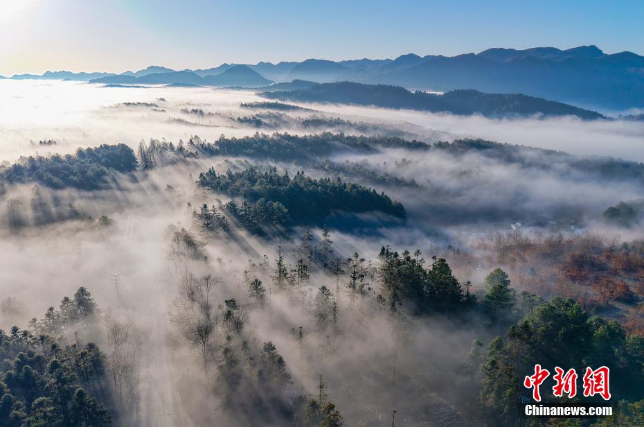 Aerial view of sea of clouds in SW China’s Guizhou Province