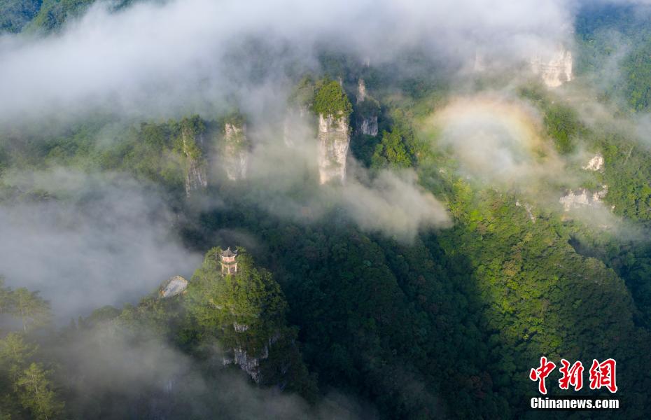 Aerial view of Yuntai Mountain enveloped in mist