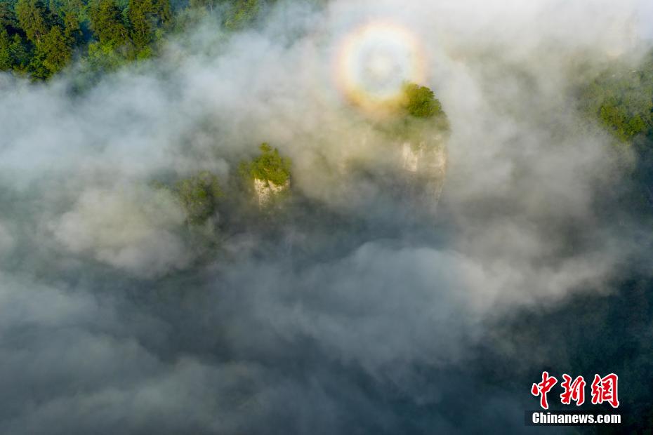 Aerial view of Yuntai Mountain enveloped in mist