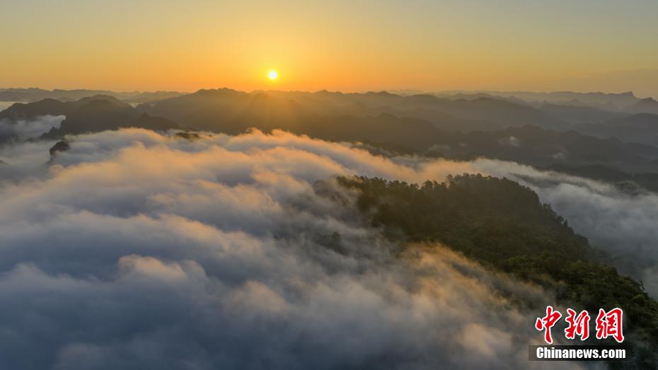 Aerial view of Yuntai Mountain enveloped in mist