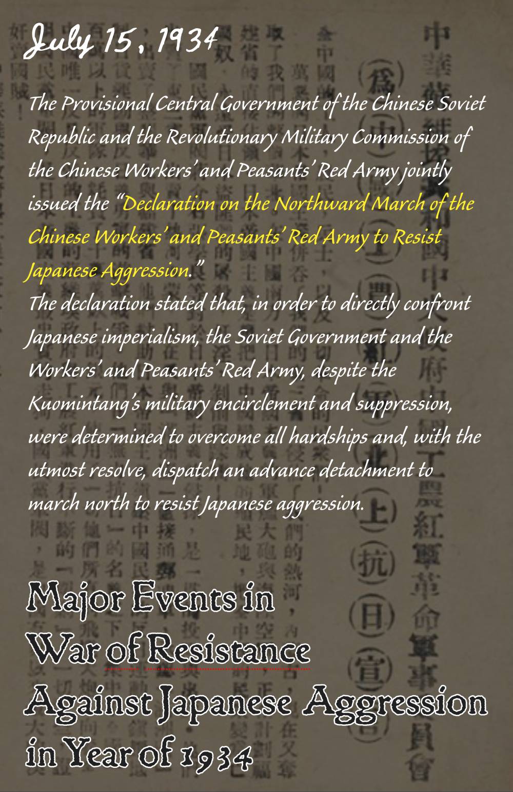 Major Events in War of Resistance Against Japanese Aggression in Year of 1934