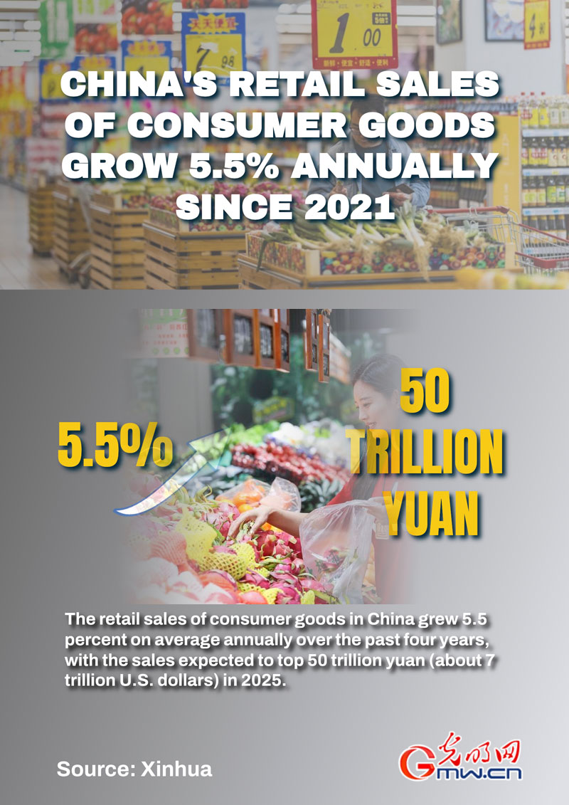 Poster: China's retail sales of consumer goods grow 5.5 pct annually since 2021